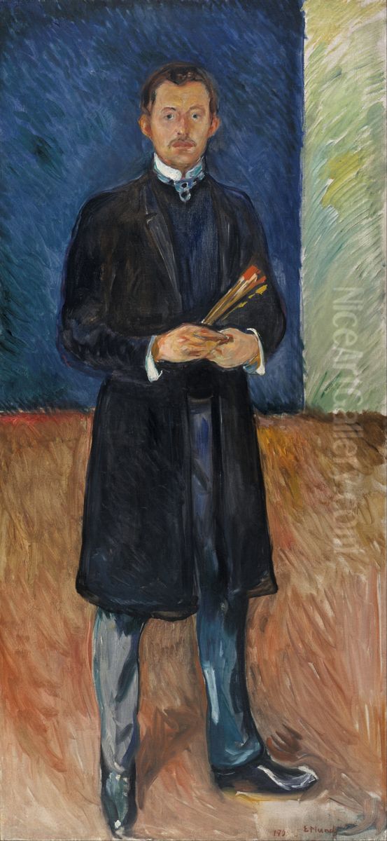 Self-Portrait with Brushes Oil Painting by Edvard Munch