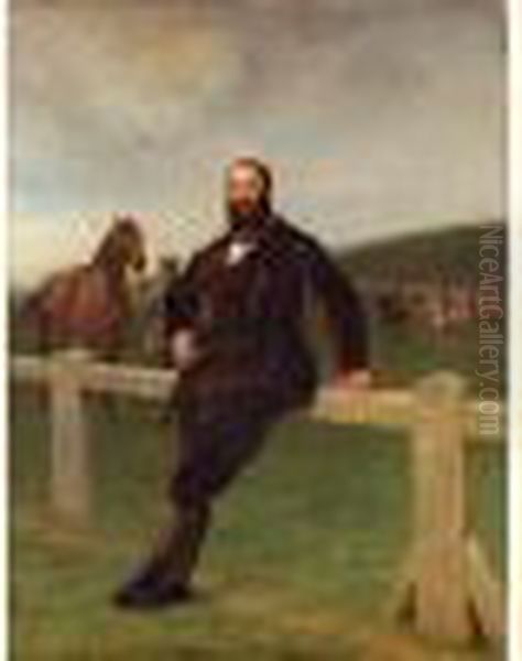 Portrait En Pied De Monsieur 
Charles Joachim Lefevre A Newmarket En 1872, Portant Une Lavaliere A Ses
 Couleurs De Courses Oil Painting by Jean-Leon Gerome