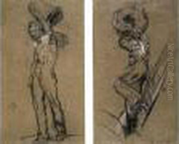 Deux Etudes De Coltineurs - 
Etudes Pour Le Decor De La Mairie Du Xixe Arrondissement - Avant 1882. Oil Painting by Henri Gervex