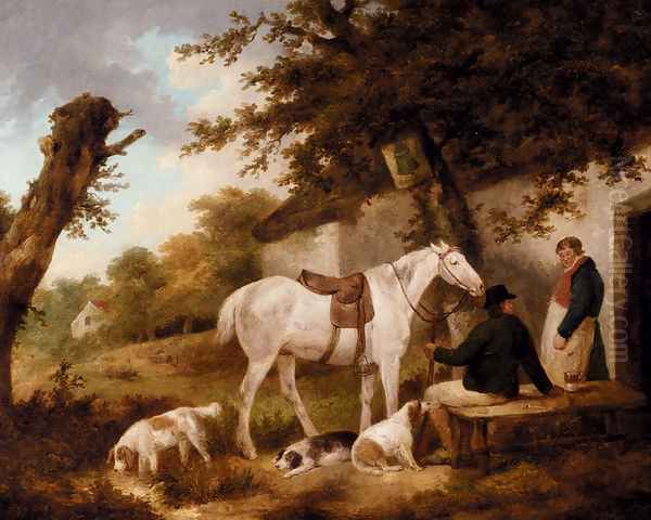 Travellers Resting Outside The Bell Inn Oil Painting by George Morland