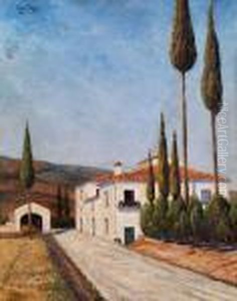 Toskanische Landschaft Mit 
Strasse, Diezu Einem Gehoft Fuhrt, Mit Gartnerisch Gestalteten, 
Zugeschnittenenzypressen Oil Painting by Oscar Ghiglia