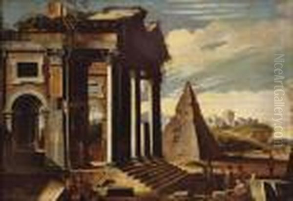 A Capriccio View With Figures 
Amongst Ancient Ruins And A Pyramid, A Herdsman And His Cattle Beyond Oil Painting by Giovanni Ghisolfi