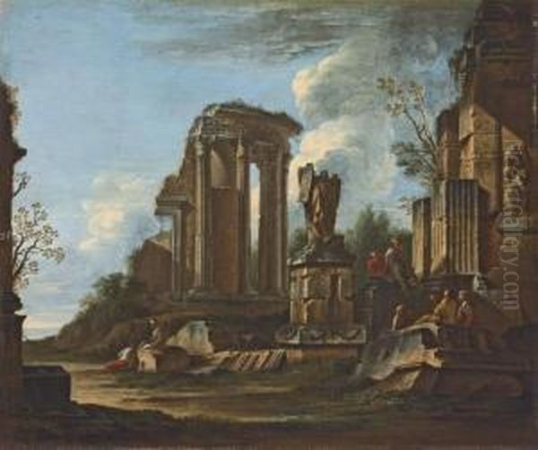 A Capriccio Of Roman Ruins With 
The Trofei Di Mario And The Temple Of The Sibyl At Tivoli And Figures 
Conversing Oil Painting by Giovanni Ghisolfi