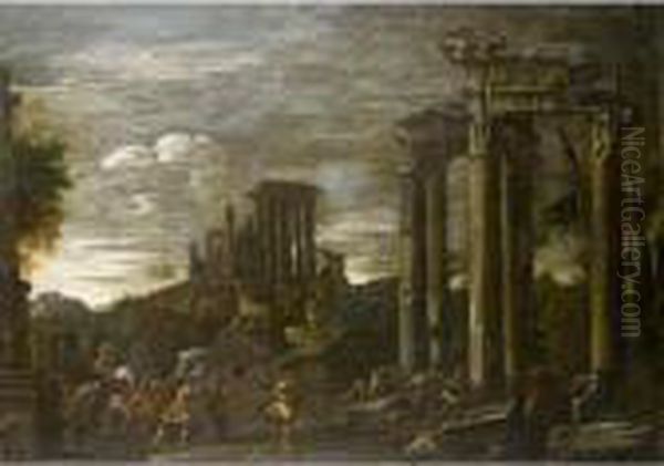 Capriccio View Of Tivoli With 
The Temple Of The Sybils And The Cascade Beyond With Soldiers Looting In
 The Foreground Oil Painting by Giovanni Ghisolfi