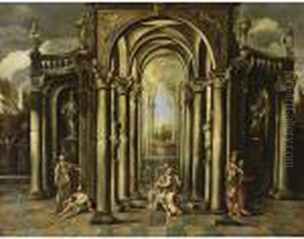 An Architectural Capriccio Of A 
Classical Building Adorned With Statues And David Playing The Harp 
Surrounded By Other Figures Oil Painting by Giovanni Ghisolfi