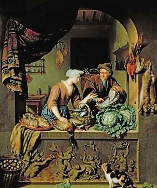 A Woman and a Fish Peddler 1713 Oil Painting by Willem Van Mieris Leiden