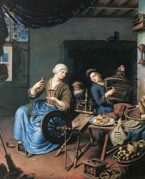 The Spinner Oil Painting by Willem Van Mieris Leiden