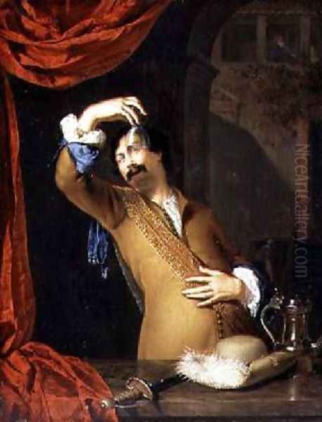 A Cavalier Standing at a Window Examining a Roemer Oil Painting by Willem Van Mieris Leiden