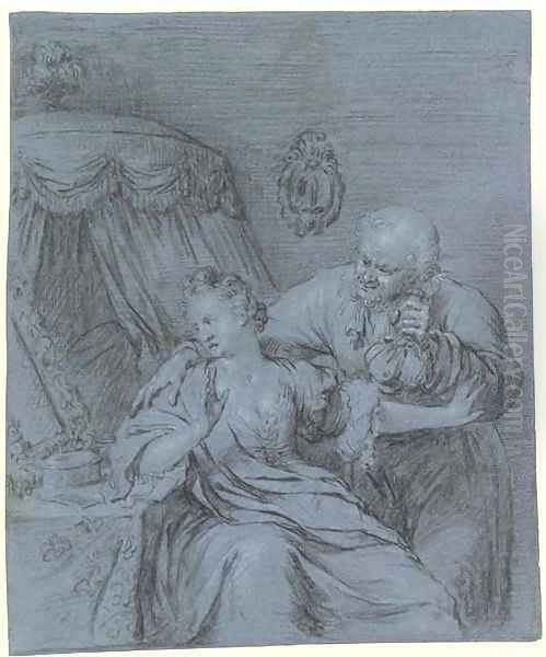 A bearded man holding bags of gold seducing a lady at her dressing table Oil Painting by Willem Van Mieris Leiden