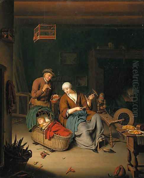 A peasant family in a cottage interior Oil Painting by Willem Van Mieris Leiden