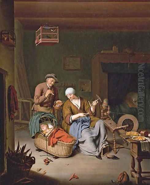 A woman spinning yarn with a baby in a wicker basket and an old man smoking a pipe Oil Painting by Willem Van Mieris Leiden