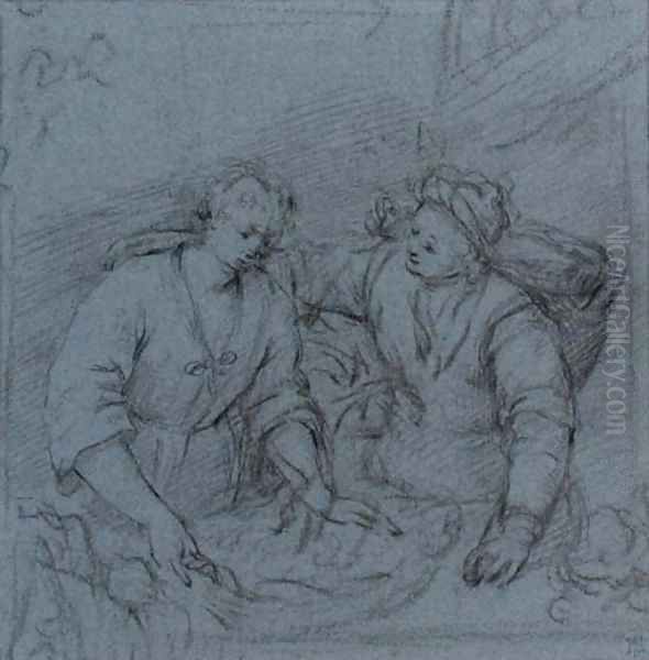 Two figures, half-length, standing at a bench Oil Painting by Willem Van Mieris Leiden