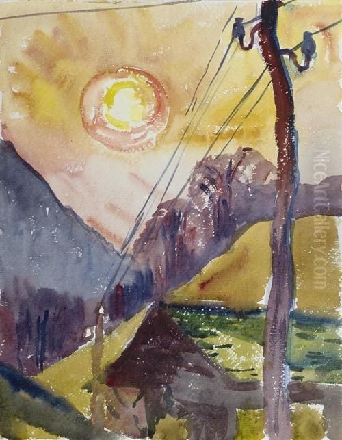 Bergell Landscape With Telephone
 Mast. Watercolour On Paper. Inscribed Verso: Aquarello Originale Di Mio
 Padre / Giovanni Giacometti / Maloja 13.i.1934 / Alberto Giacometti Oil Painting by Giovanni Giacometti