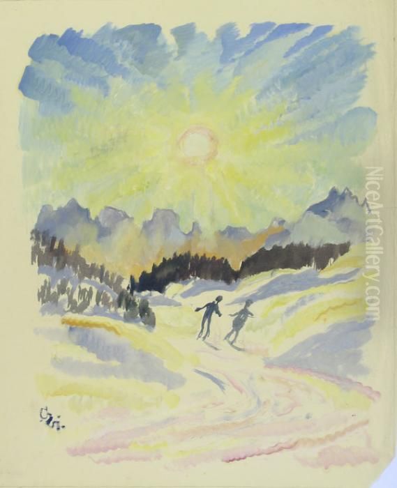 Zwei Skifahrer In Einer Von Der Sonne Beschienenen Schneelandschaft Oil Painting by Giovanni Giacometti