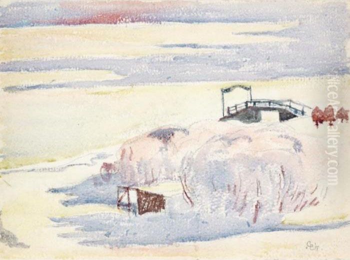 Il Pontile A Maloja (inverno A Maloggia) 
The Bridge In Maloja (winter In Maloggia) Oil Painting by Giovanni Giacometti