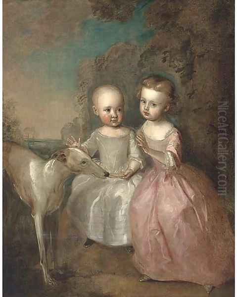 Double portrait of a boy and a girl in a landscape, full-length, with a greyhound, he in an oyster satin dress, she in a pink dress Oil Painting by Philipe Mercier