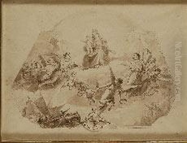 Virgen Con El Nino Rodeada De 
Angeles Con Trofeos Militares Y Embarcaciones (boceto Para Un Techo) Oil Painting by Corrado Giaquinto