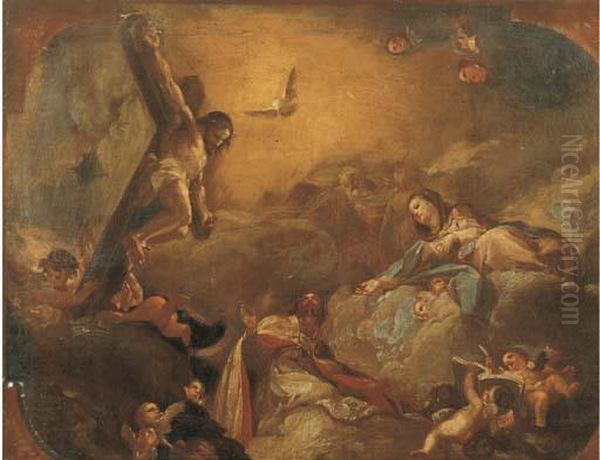 Santo Vescovo In Gloria Con 
Cristo Crocifisso E La Vergine In Preghiera: Bozzetto Per Un Soffitto Oil Painting by Corrado Giaquinto