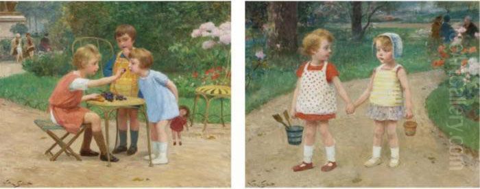 The Children's Tea Party And Children With Buckets: Two Works Oil Painting by Victor-Gabriel Gilbert