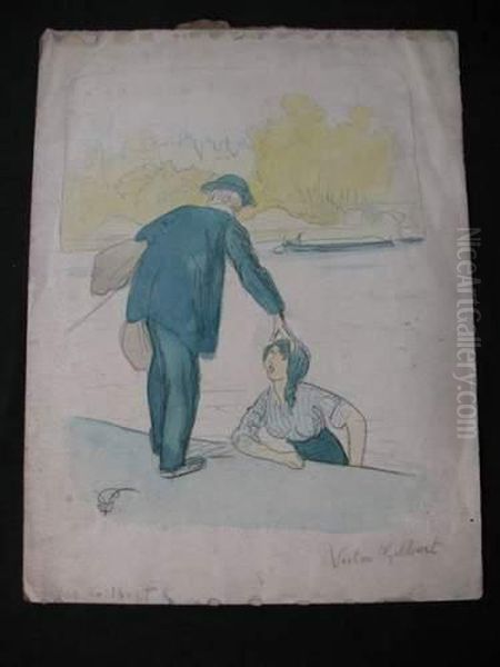 Planche Representant Un Homme 
Elegamment Vetu Aidant Une Jeune Femme Sur Une Barque A Monter Sur Le 
Quai. Oil Painting by Victor-Gabriel Gilbert