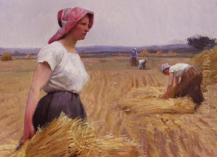 Die Getreideernte
 Weite Sommerlandschaft Mit Abgemahtem Getreidefeld, Auf Dem Der Maler 
Im Vordergrund Ein Junges Bauernmadchen Zeigt, Eine Heugarbe Tragend. Im
 Hintergrund Weitere Feldarbeiter Sowie Ein Ochsenkarren. Hoher 
Wolkenhimmel In Sommerl Oil Painting by Victor-Gabriel Gilbert