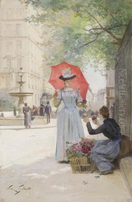 Jeune Femme A L'ombrelle Achetant Des Fleurs Oil Painting by Victor-Gabriel Gilbert