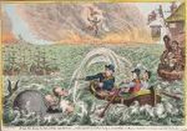 British Tars, Towing The Danish 
Fleet Into Harbour;-the Broadbottom Leviathan Trying To Swap Billys Old 
Boat, & The Little Corsican Tottering On The Clouds Of Ambition Oil Painting by James Gillray