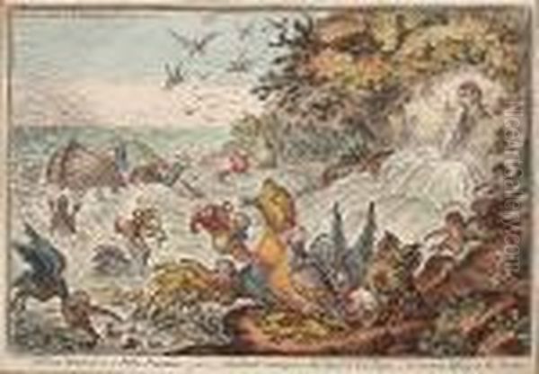 A Great Stream From 
Petty-fountain;-or- John Bull Swamped In The Flood Of New 
Taxes;-cormorants Fighting In The Stream Oil Painting by James Gillray