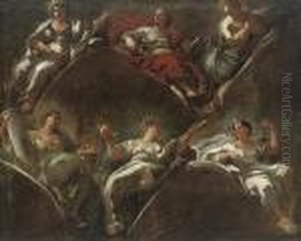 Six Allegorical Figures 
Representing Innocence, Fecundity,humility, Constancy, Chastity And 
Vigilance: A Modello Oil Painting by Luca Giordano