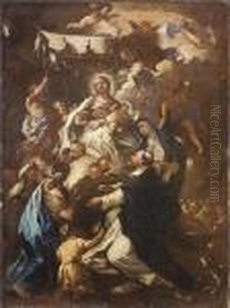 La Vergine Condotta In Cielo 
Dagli Angeli Offre Il Rosario Ai Santidomenico E Caterina Da Siena Oil Painting by Luca Giordano