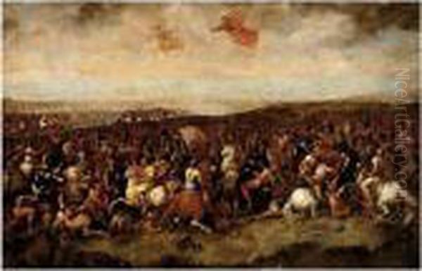 A Cavalry Engagement, Possibly 
The Battle Of Constantine, With A Coastline Visible Beyond Oil Painting by Luca Giordano