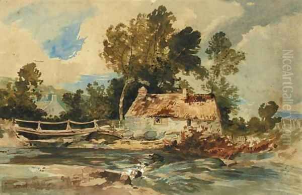 A cottage by a stream in a wooded landscape Oil Painting by William James Muller