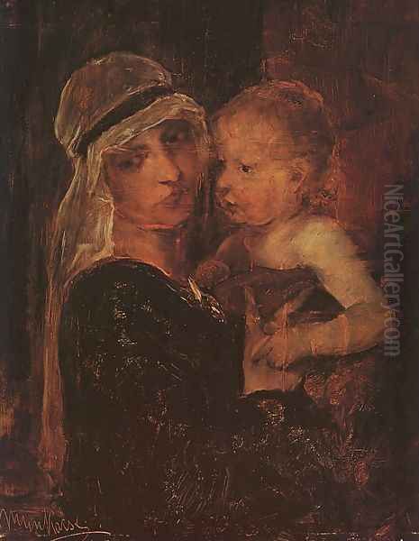 Mother and Child - Study for Christ before Pilate (Anya Gyermekkel- Tanulmany a Krisztus Pilatus elott cimu kephez) 1880 Oil Painting by Mihaly Munkacsy