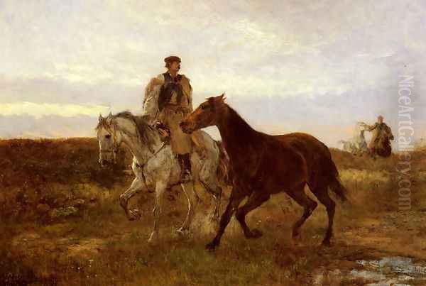Leading the Horses Home at Sunset Oil Painting by Mihaly Munkacsy