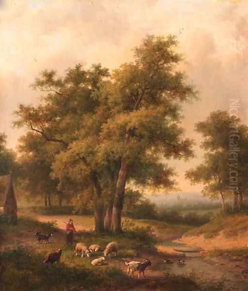 A shepherd and his flock in a wooded landscape Oil Painting by Jan Evert Morel