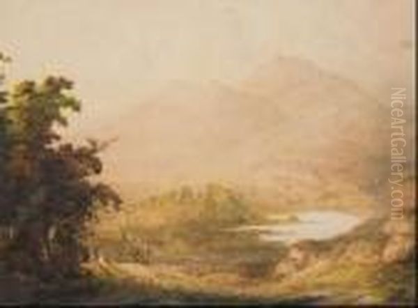 Extensive Mountain And Lake Landscape In Tasmania With 
Figures In The Foreground Oil Painting by John Glover