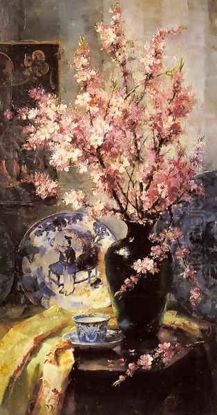 Apple Blossoms and Blue and White Porcelain on a Table Oil Painting by Frans Mortelmans
