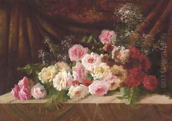 Roses and Baby's Breath on a Cloth-draped Ledge Oil Painting by Frans Mortelmans