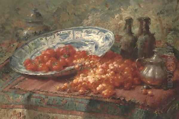 Stawberries in a delft bowl with cherries on a table Oil Painting by Frans Mortelmans
