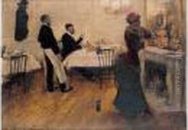 Au Restaurant Oil Painting by Norbert Goeneutte