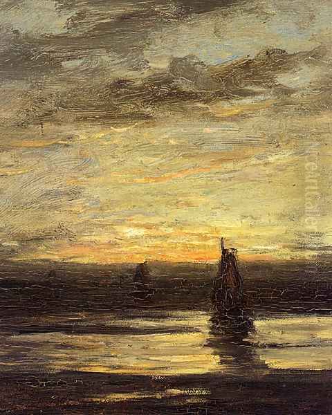 Fishing Boats At Dusk Oil Painting by Hendrik Willem Mesdag