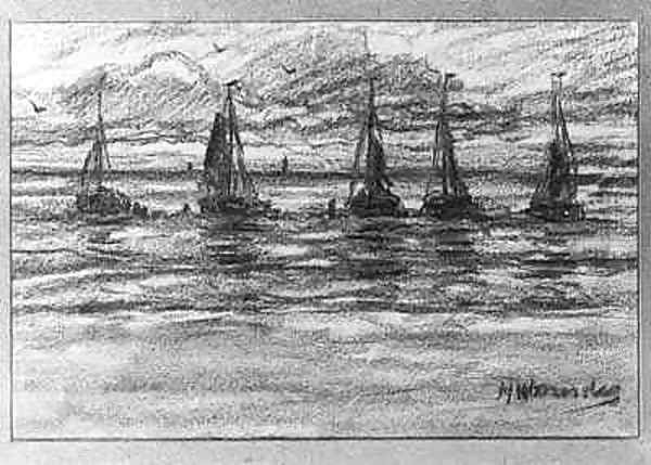 Bomschuiten off the coast Oil Painting by Hendrik Willem Mesdag
