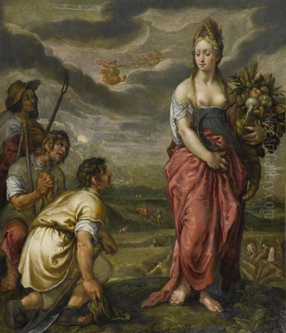 Allegory Of Summer - The Goddess
 Of Fertility - Ceres - Being Honoured By Farmers: Honoratio Cereris Oil Painting by Hendrick Goltzius