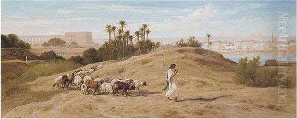 A Shepherdess And Sheep By The Nile At Cairo Oil Painting by Frederick Goodall