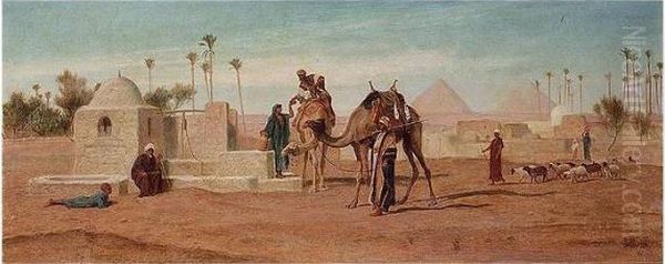 Travellers At A Roadside Well, The Pyramids Beyond Oil Painting by Frederick Goodall