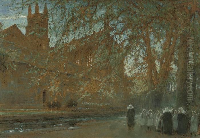 Warden's Garden Of Winchester College, With The Chapel Beyond Oil Painting by Albert Goodwin
