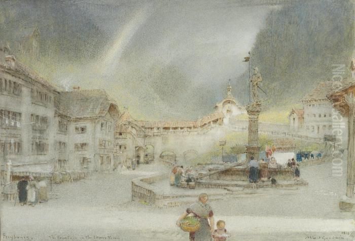 Fribourg, The Fountain In The Lower Town, Switzerland Oil Painting by Albert Goodwin