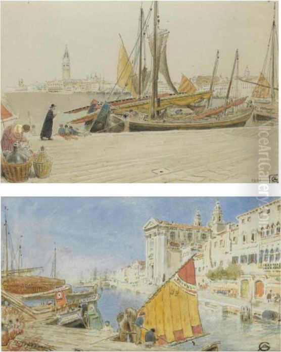 The Church Of The Jesuits, 
Venice; Venetian Boats, From The Englishgarden; Venetian Fishing Boats Oil Painting by Albert Goodwin