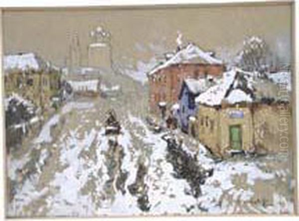 In Naturtonen Gehaltene Und 
Skizzenhaft Angelegte Ansicht Einerverschneiten Strase, Gesaumt Von 
Hausern Mit Kraftigen Akzenten Inweiser Farbe. Oil Painting by Konstantin Ivanovich Gorbatov