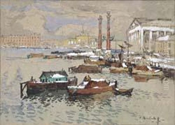 In Naturtonen Gehaltene Und 
Skizzenhaft Angelegte St.petersburger Hafenansicht Mit Dezenten 
Aktzentuierungen In Weiserfarbe. Oil Painting by Konstantin Ivanovich Gorbatov
